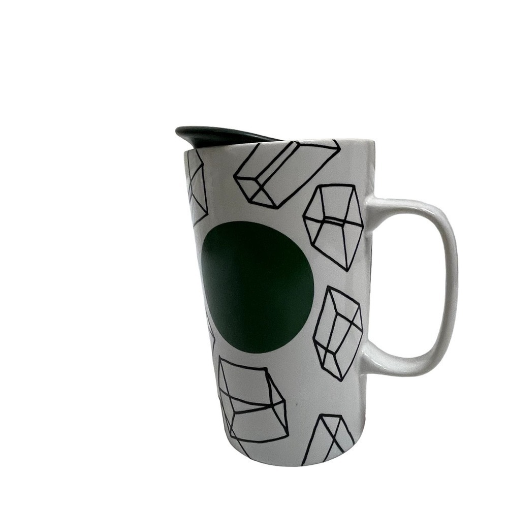 2014 Starbucks Travel Mug Ceramic Coffee Black Cubes Cup RARE 16 oz Tumbler